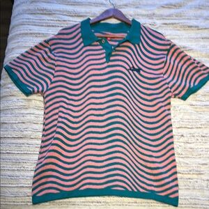 Bape Pink and Green Striped Polo Shirt